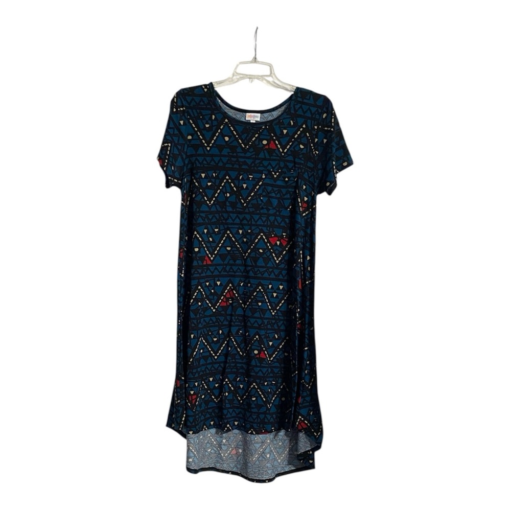 LuLaRoe High Low Dress with Blue and Red Geometric Pattern